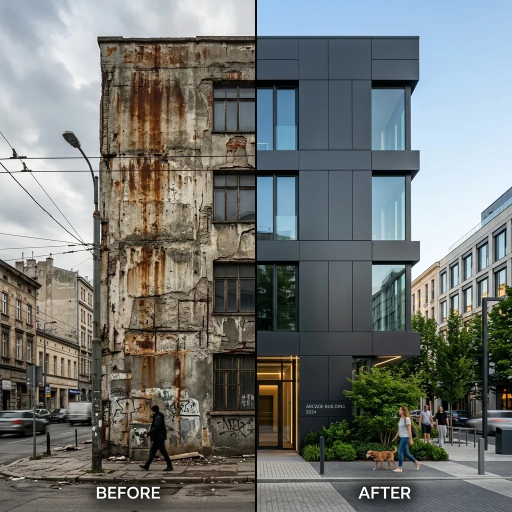 Building facade renovation transforming an aging structure